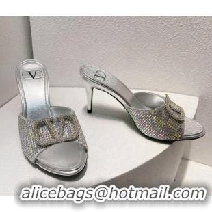 1:1 Valentino VLogo Heel Slide Sandals 7.5cm in Damier Crystals Silver 1121170