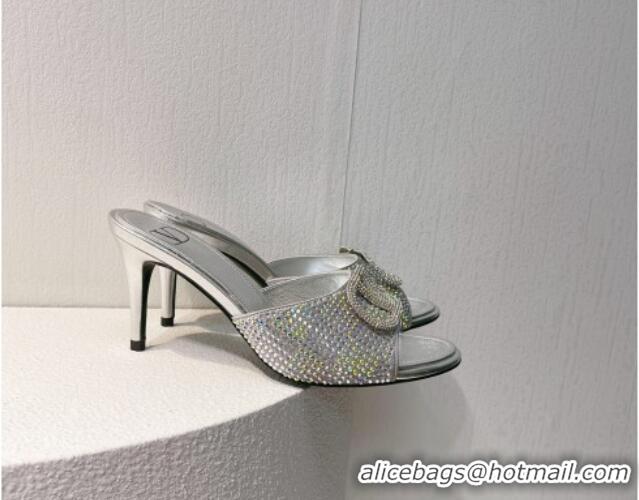 1:1 Valentino VLogo Heel Slide Sandals 7.5cm in Damier Crystals Silver 1121170