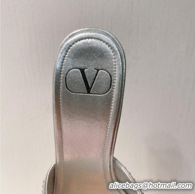 1:1 Valentino VLogo Heel Slide Sandals 7.5cm in Damier Crystals Silver 1121170