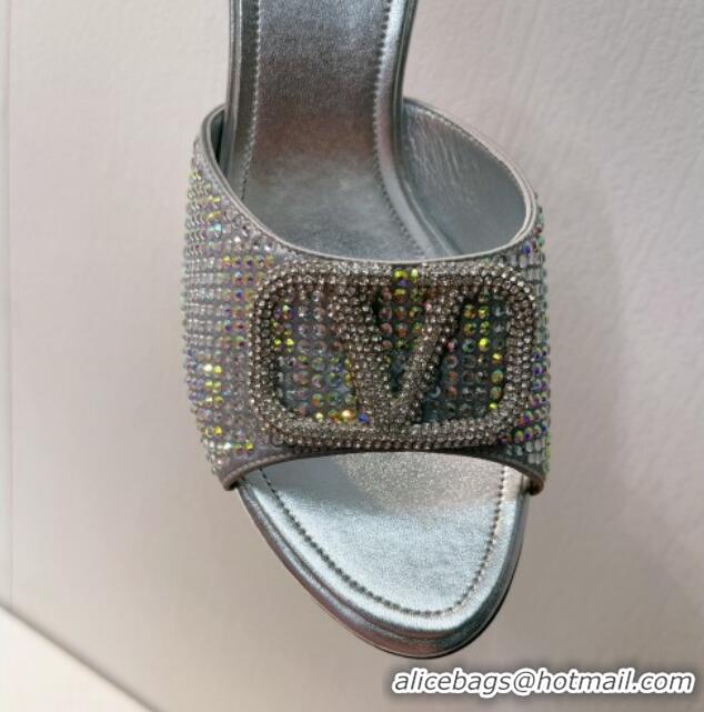 1:1 Valentino VLogo Heel Slide Sandals 7.5cm in Damier Crystals Silver 1121170