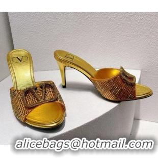 Trendy Design Valentino VLogo Heel Slide Sandals 7.5cm in Damier Crystals Yellow Gold 121171