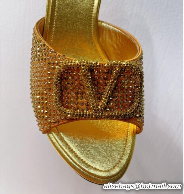 Trendy Design Valentino VLogo Heel Slide Sandals 7.5cm in Damier Crystals Yellow Gold 121171