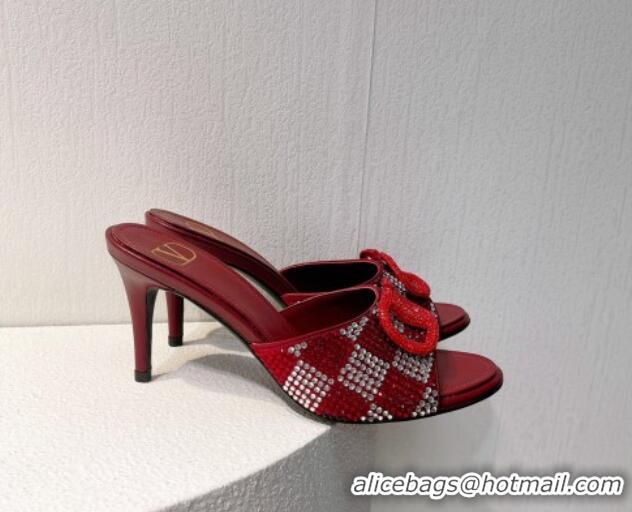 Cheap Price Valentino VLogo Heel Slide Sandals 7.5cm in Damier Crystals Dark Red 121172