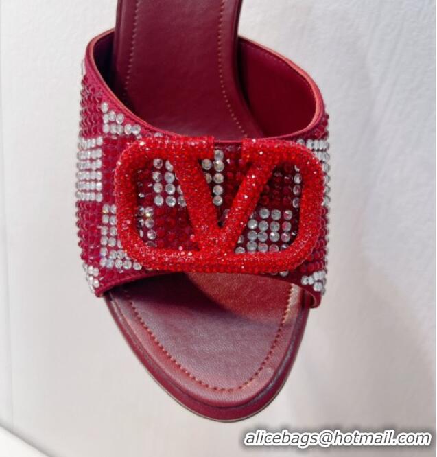 Cheap Price Valentino VLogo Heel Slide Sandals 7.5cm in Damier Crystals Dark Red 121172