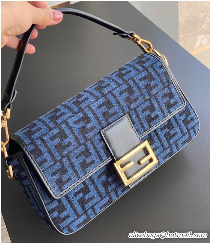 Best Price Fendi Baguette Chain Midi dove gray tapestry fabric bag with FF motif 8BR793 Blue