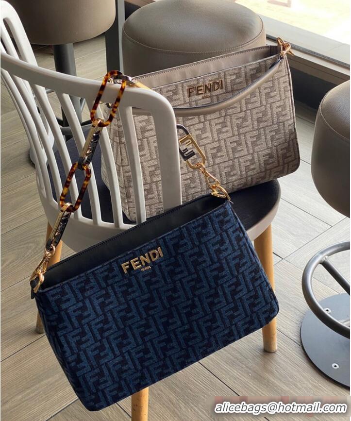 Famous Brand Fendi O Lock Zipper Brown FF jacquard fabric and leather bag F1068 Blue