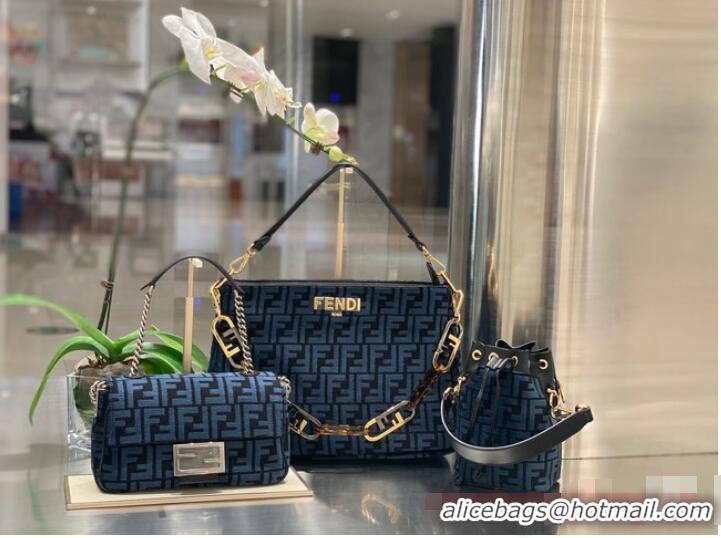 Famous Brand Fendi O Lock Zipper Brown FF jacquard fabric and leather bag F1068 Blue