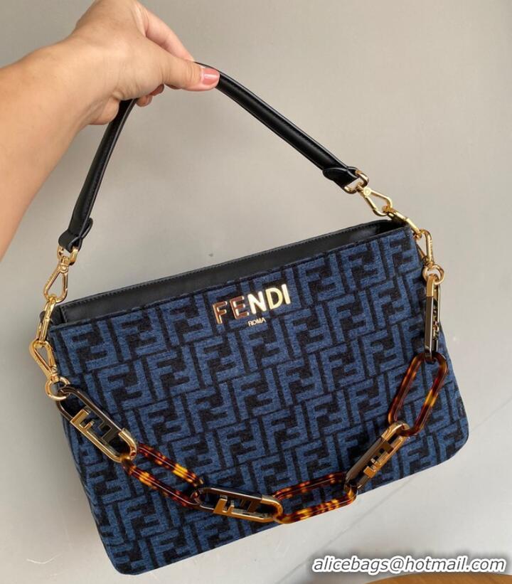 Famous Brand Fendi O Lock Zipper Brown FF jacquard fabric and leather bag F1068 Blue