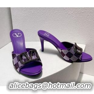 Purchase Valentino VLogo Heel Slide Sandals 7.5cm in Damier Crystals Purple 1121173