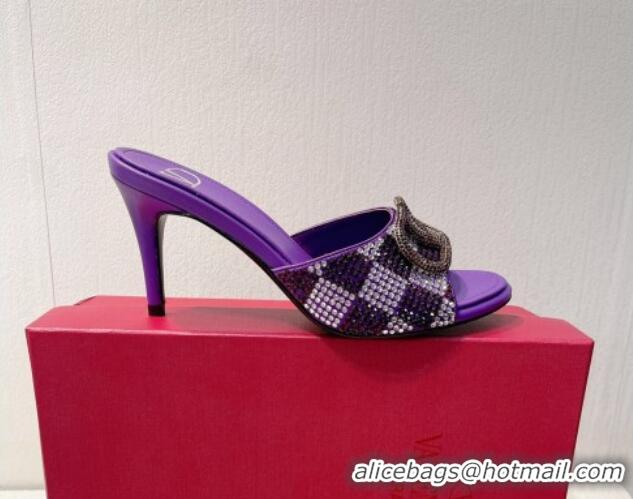 Purchase Valentino VLogo Heel Slide Sandals 7.5cm in Damier Crystals Purple 1121173