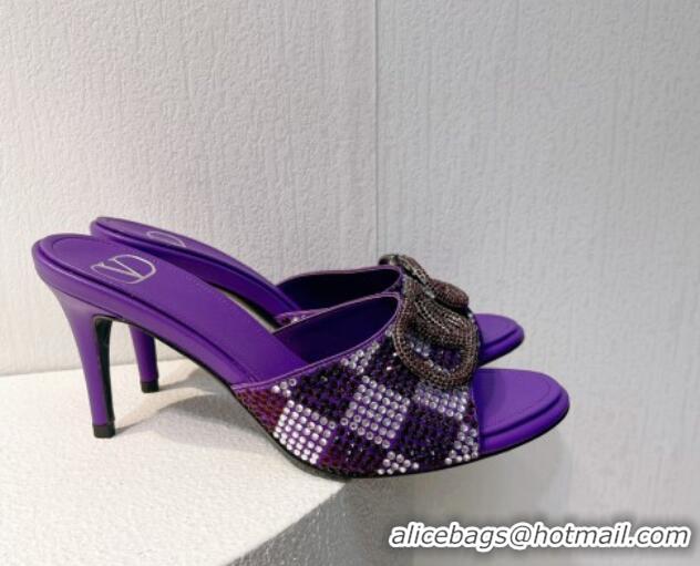 Purchase Valentino VLogo Heel Slide Sandals 7.5cm in Damier Crystals Purple 1121173