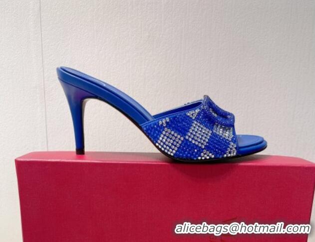 Unique Style Valentino VLogo Heel Slide Sandals 7.5cm in Damier Crystals light Blue 121174