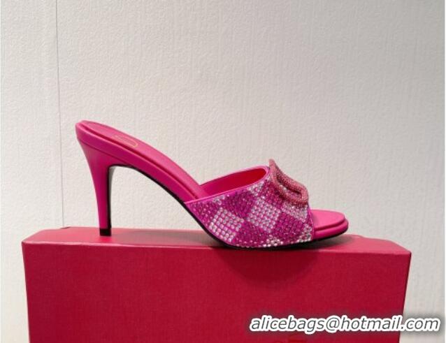 Duplicate Valentino VLogo Heel Slide Sandals 7.5cm in Damier Crystals Dark Pink 1121176