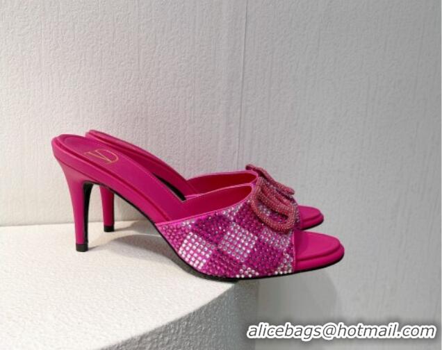 Duplicate Valentino VLogo Heel Slide Sandals 7.5cm in Damier Crystals Dark Pink 1121176