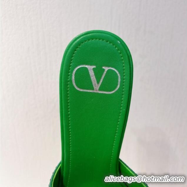 Classic Hot Valentino VLogo Heel Slide Sandals 7.5cm in Damier Crystals Grass Green 121177