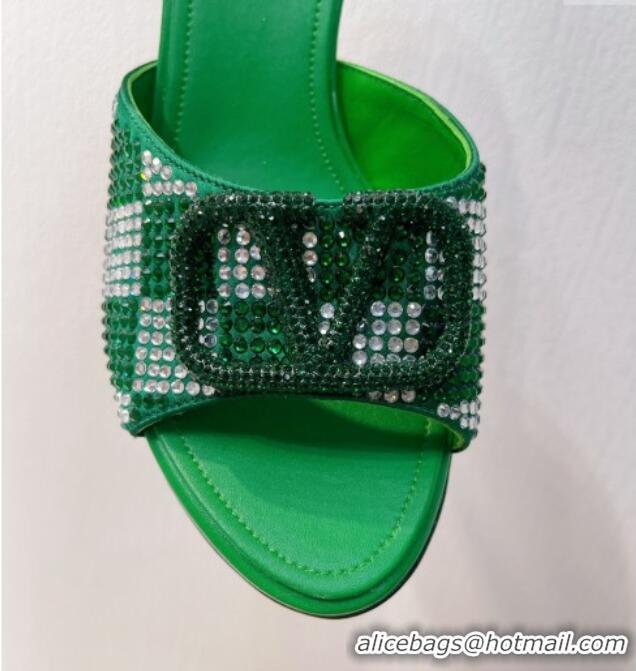 Classic Hot Valentino VLogo Heel Slide Sandals 7.5cm in Damier Crystals Grass Green 121177