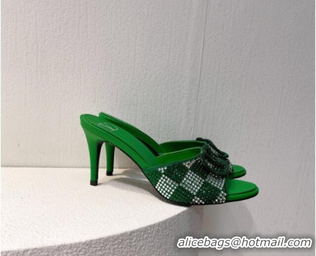 Classic Hot Valentino VLogo Heel Slide Sandals 7.5cm in Damier Crystals Grass Green 121177