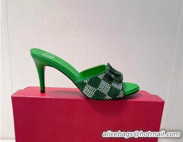 Classic Hot Valentino VLogo Heel Slide Sandals 7.5cm in Damier Crystals Grass Green 121177