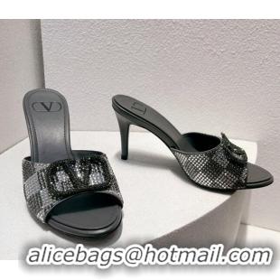 Perfect Valentino VLogo Heel Slide Sandals 7.5cm in Damier Crystals Grey 121178