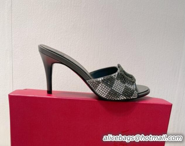 Perfect Valentino VLogo Heel Slide Sandals 7.5cm in Damier Crystals Grey 121178