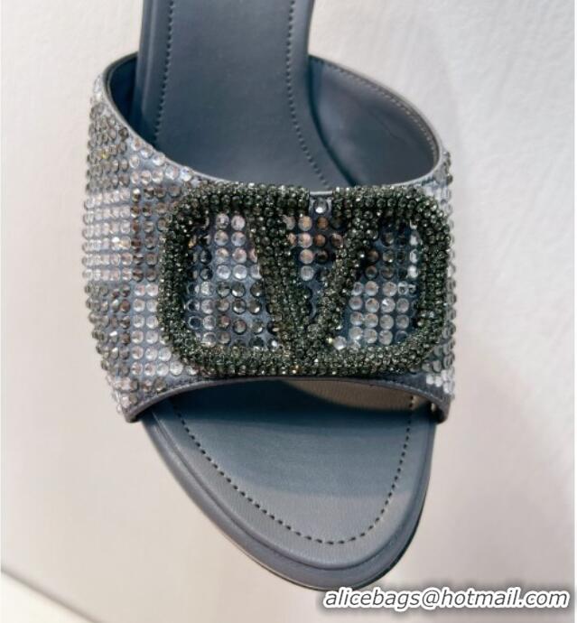 Perfect Valentino VLogo Heel Slide Sandals 7.5cm in Damier Crystals Grey 121178