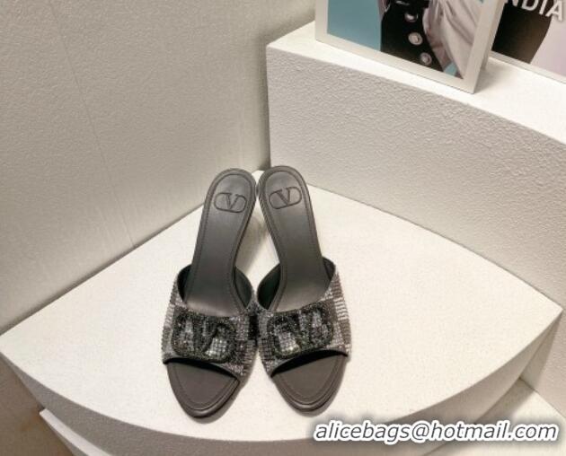 Perfect Valentino VLogo Heel Slide Sandals 7.5cm in Damier Crystals Grey 121178