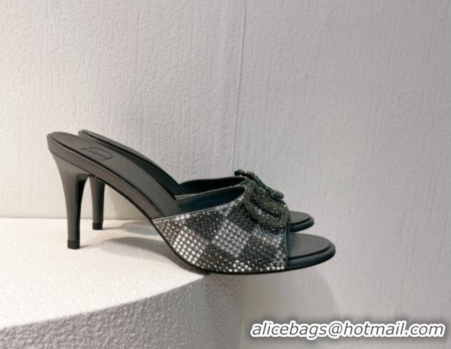 Perfect Valentino VLogo Heel Slide Sandals 7.5cm in Damier Crystals Grey 121178