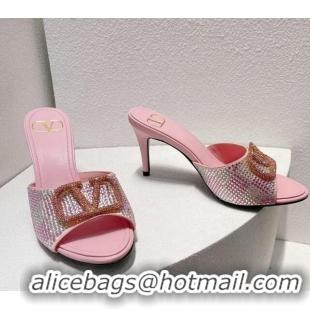 Lower Price Valentino VLogo Heel Slide Sandals 7.5cm in Damier Crystals Light Pink 1121179