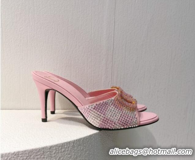 Lower Price Valentino VLogo Heel Slide Sandals 7.5cm in Damier Crystals Light Pink 1121179