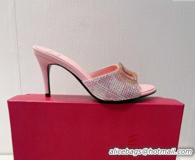 Lower Price Valentino VLogo Heel Slide Sandals 7.5cm in Damier Crystals Light Pink 1121179