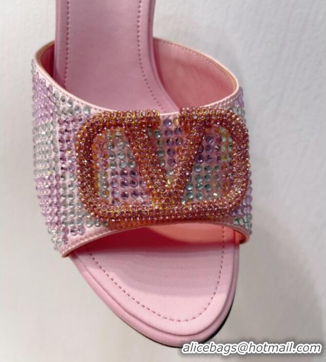 Lower Price Valentino VLogo Heel Slide Sandals 7.5cm in Damier Crystals Light Pink 1121179