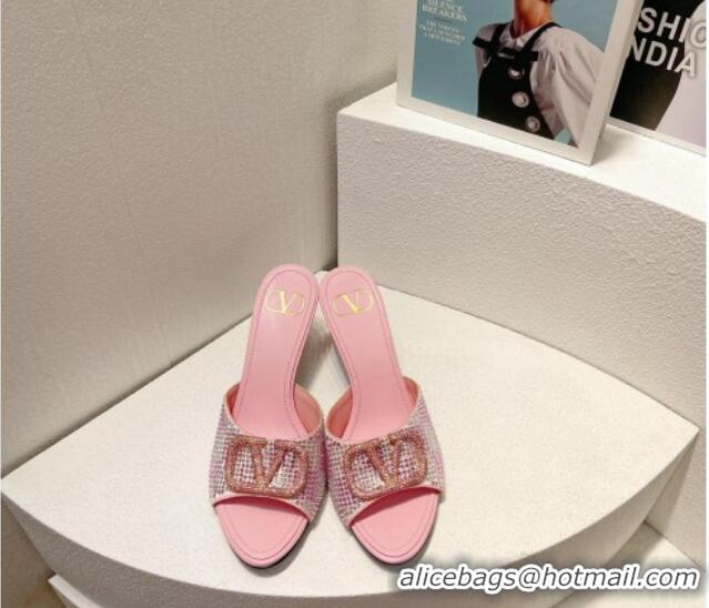 Lower Price Valentino VLogo Heel Slide Sandals 7.5cm in Damier Crystals Light Pink 1121179