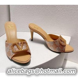 Unique Discount Valentino VLogo Heel Slide Sandals 7.5cm in Damier Crystals Apricot 1121180