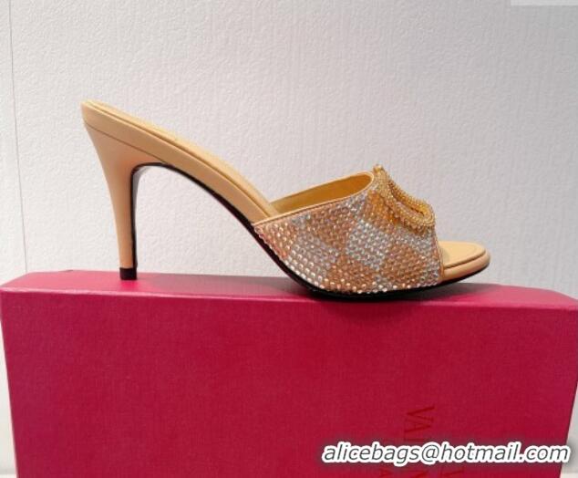 Unique Discount Valentino VLogo Heel Slide Sandals 7.5cm in Damier Crystals Apricot 1121180