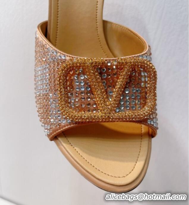 Unique Discount Valentino VLogo Heel Slide Sandals 7.5cm in Damier Crystals Apricot 1121180