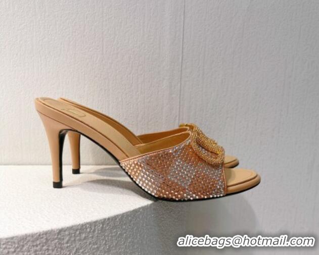 Unique Discount Valentino VLogo Heel Slide Sandals 7.5cm in Damier Crystals Apricot 1121180