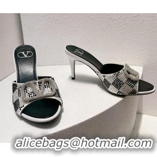 Top Design Valentino VLogo Heel Slide Sandals 7.5cm in Damier Crystals White/Black 121181