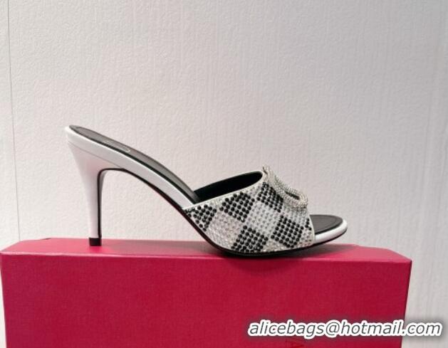 Top Design Valentino VLogo Heel Slide Sandals 7.5cm in Damier Crystals White/Black 121181