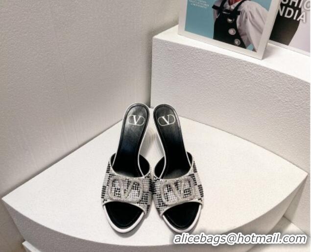 Top Design Valentino VLogo Heel Slide Sandals 7.5cm in Damier Crystals White/Black 121181