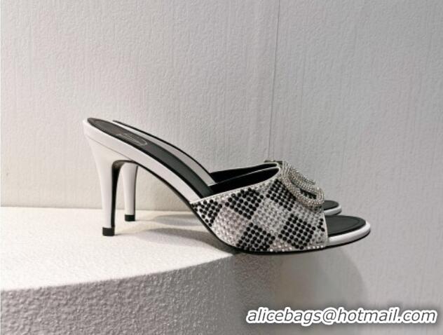 Top Design Valentino VLogo Heel Slide Sandals 7.5cm in Damier Crystals White/Black 121181