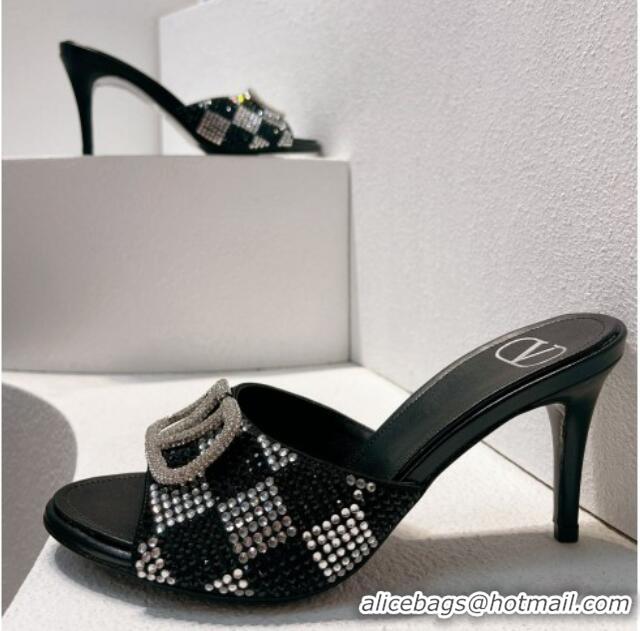 Pretty Style Valentino VLogo Heel Slide Sandals 7.5cm in Damier Crystals Black/Silver 1121182