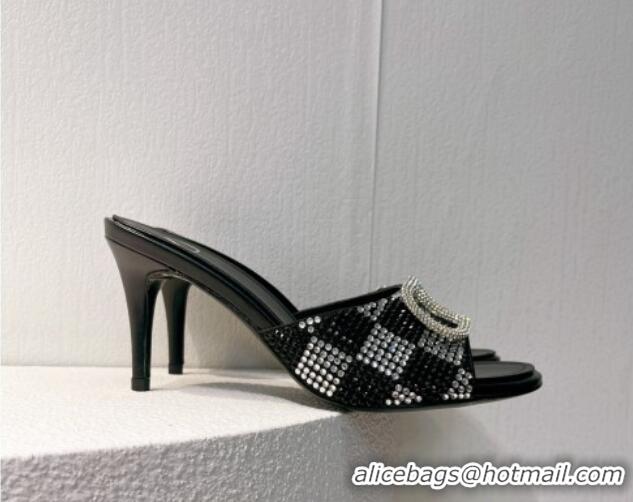 Pretty Style Valentino VLogo Heel Slide Sandals 7.5cm in Damier Crystals Black/Silver 1121182