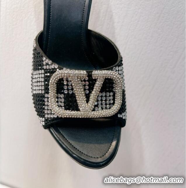 Pretty Style Valentino VLogo Heel Slide Sandals 7.5cm in Damier Crystals Black/Silver 1121182