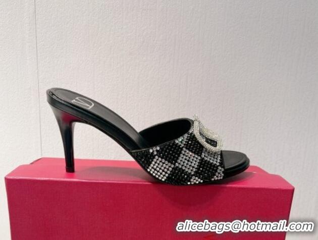 Pretty Style Valentino VLogo Heel Slide Sandals 7.5cm in Damier Crystals Black/Silver 1121182