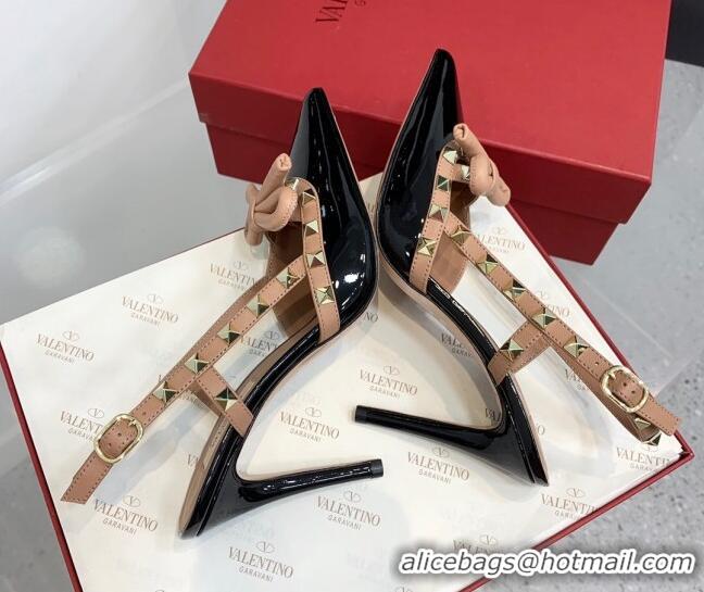 Best Grade Valentino Rockstud Bow Slingback Pumps in Patent Leather 10cm Black/Gold 214107