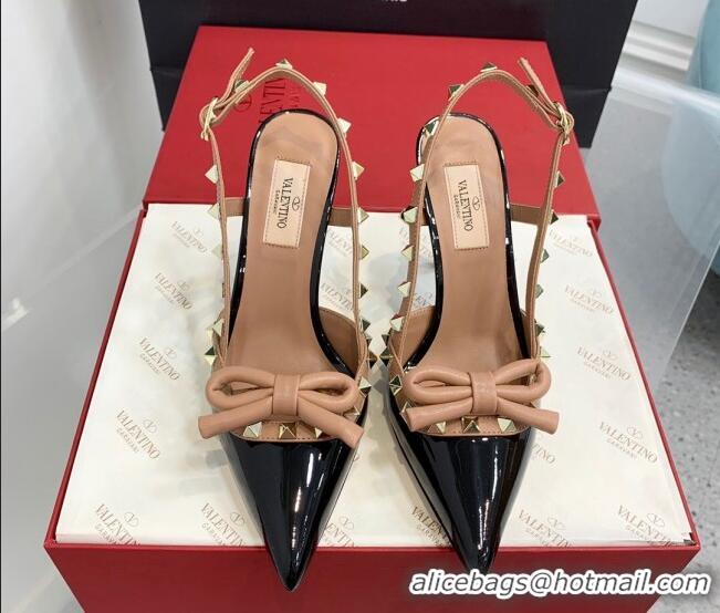 Best Grade Valentino Rockstud Bow Slingback Pumps in Patent Leather 10cm Black/Gold 214107