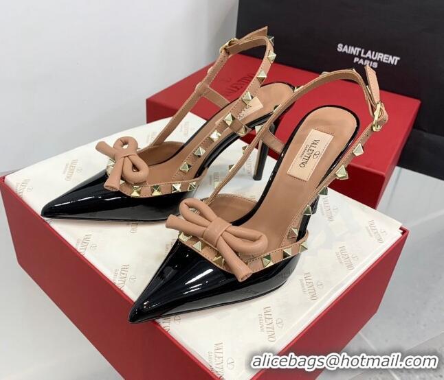 Best Grade Valentino Rockstud Bow Slingback Pumps in Patent Leather 10cm Black/Gold 214107