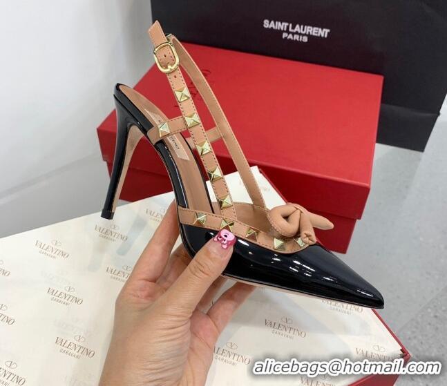 Best Grade Valentino Rockstud Bow Slingback Pumps in Patent Leather 10cm Black/Gold 214107