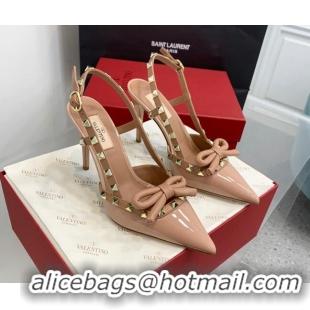 Stylish Valentino Rockstud Bow Slingback Pumps in Patent Leather 10cm Rose Nude 214108 