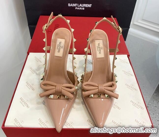 Stylish Valentino Rockstud Bow Slingback Pumps in Patent Leather 10cm Rose Nude 214108 